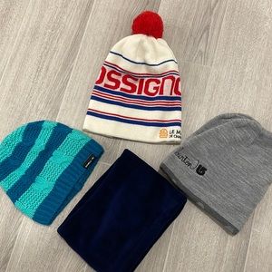 3 hats and neck warmer
